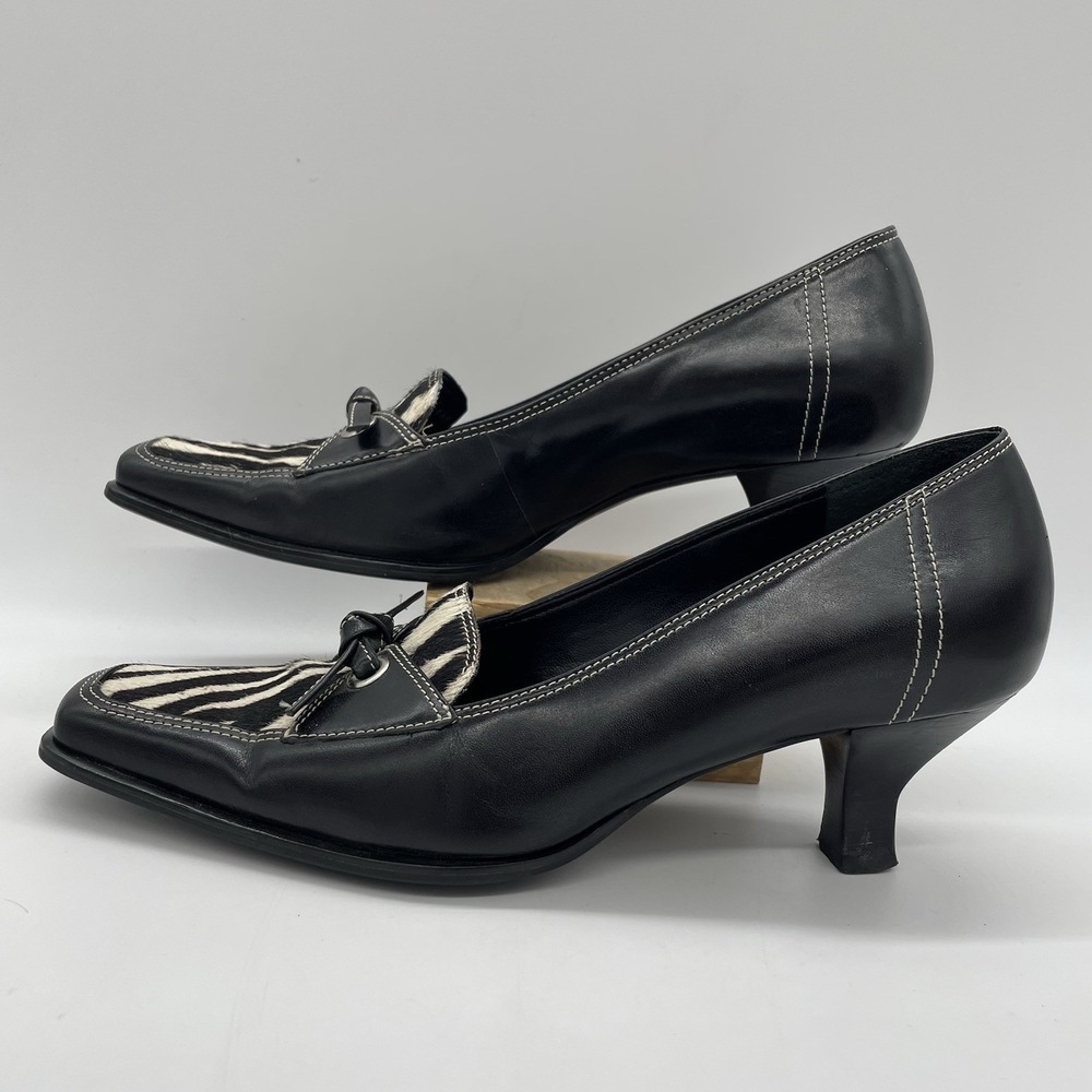 Franco Sarto Womens 6.5 Shoes Zebra Kitten Heel Square Toe Bow Tie Black Leather